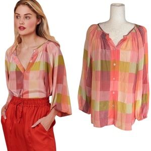 Tucker Silk The Classic Pink Orange Lime Green Checkered Puff Sleeve Blouse - M